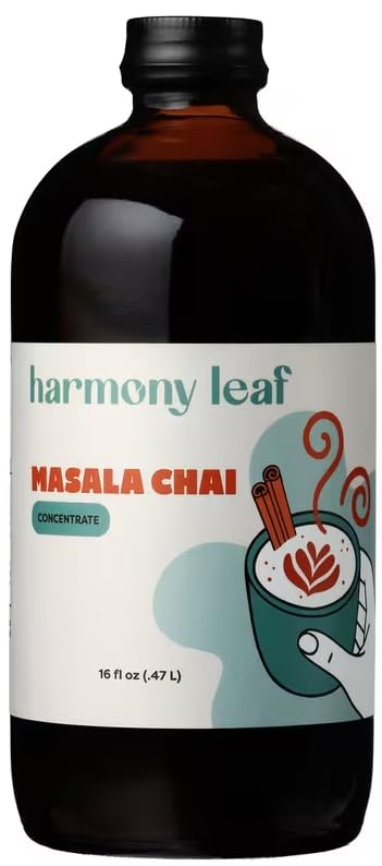 Harmony Leaf Masala Chai Concentrate, 16 oz, Black Tea and Spices Chai Latte Base, 1 to 1 Mix, Vegan, No Artificial Flavors