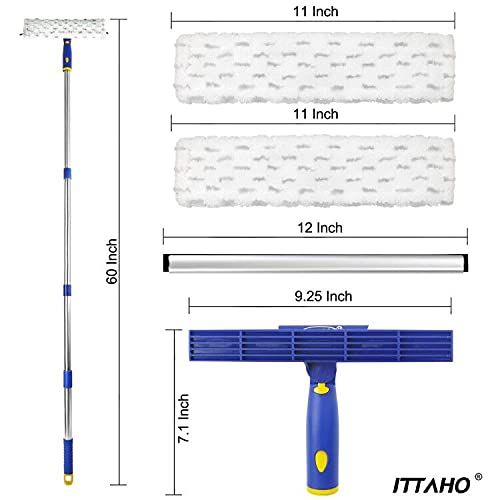 ITTAHO 60" Window Squeegee Cleaner 2 in 1 Window Cleaning Tool Kit Window Washing Kit with Extension Pole for Shower Glass, Indoor/Outdoor High Window