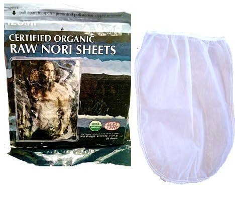 Raw Organic Nori Sheets 100 qty + Nut Milk Bag - COMBO - Certified Vegan, Raw, Kosher Sushi Wrap Papers - Premium Unheated, Un Cooked, untoasted