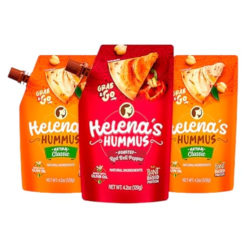 Helena Hummus (3-pack), Shelf-Stable, No Added Preservatives, 2 Natural Classic 4.23 oz and 1 Roasted Bell Pepper Hummus To-Go, 4.23 oz (1 Tripack)