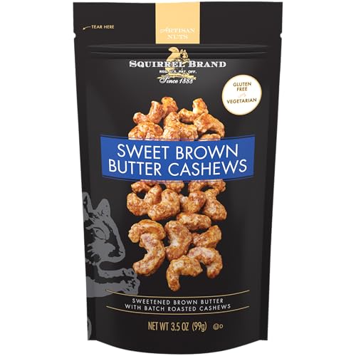 Squirrel Brand Sweet Brown Butter Cashews, 3.5 oz Resealable Bag, Gourmet Flavored Cashews Nuts, Gluten Free, Vegetarian