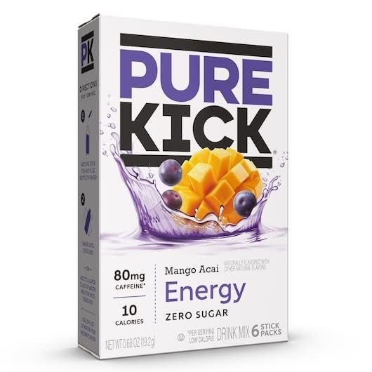 Pure Kick Energy Drink Mix Mango Acai - 3 Boxes with 6 Packets Each - 18 Total Servings - Powdered Drink Mix