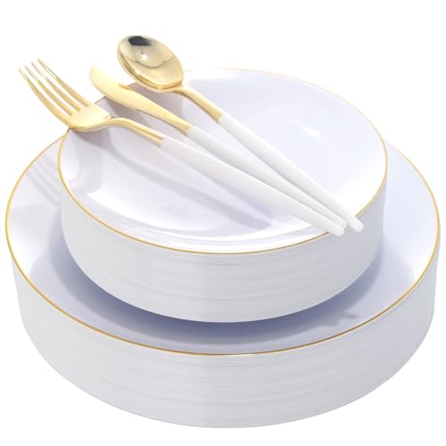 DaYammi 150Pcs Gold Plastic Plates with Disposable Silverware,White Gold Disposable Dinnerware Set - 30 Dinner Plate,30 Dessert Plate,90 Gold Cutlery