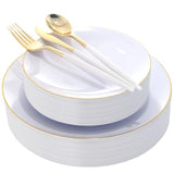 DaYammi 150Pcs Gold Plastic Plates with Disposable Silverware,White Gold Disposable Dinnerware Set - 30 Dinner Plate,30 Dessert Plate,90 Gold Cutlery