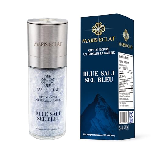 Maris Eclat Blue Salt - Premium Gourmet Mineral Salt - Refillable Glass Grinder with Stainless Steel Top - Naturally Rich in Potassium, Lower in
