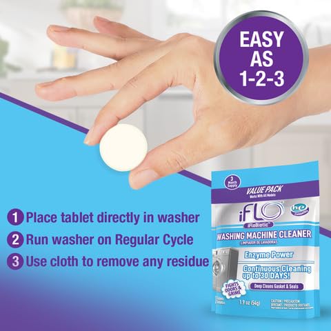 iFLO Washing Machine Cleaner Tablets - Powerful Washer Machine Cleaning and Deodorizer Tablets for Front Load, Top Load, and High-Efficiency Washer