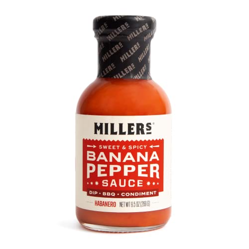 Miller's Banana Pepper Habanero Hot Sauce, Sweet Spicy Banana Pepper Sauce - Best Use for Grilled Meats, BBQ Rub, Chicken Wing, Sandwich 9.5 OZ