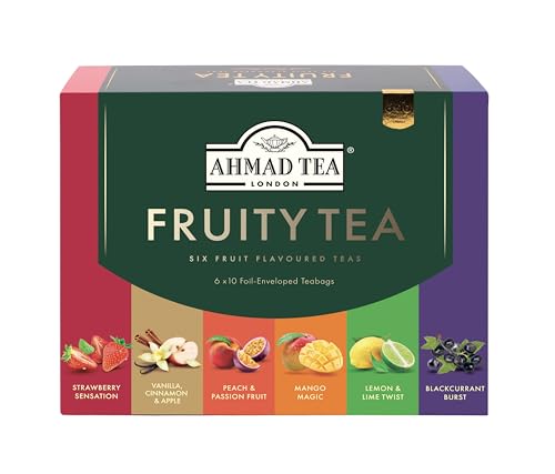 Ahmad Tea Black & Green Tea, Fruitytea Assorted Sampler Variety Gift Box, 60 Foil Teabags - Caffeinated & Sugar-Free