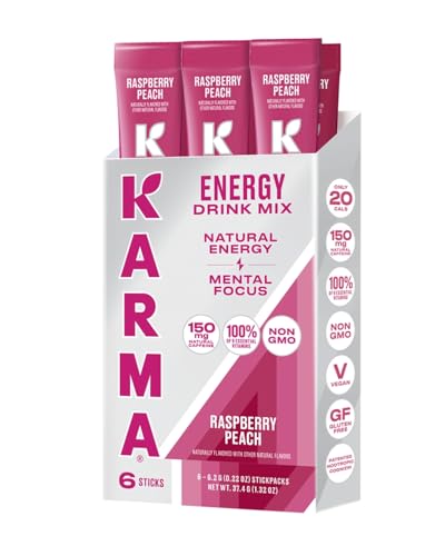 Karma Energy Hydration Packets - 6 Pack, Raspberry Peach Drink Mix with Cognizin® Nootropics, Vitamins & Immune Support, Low Calorie