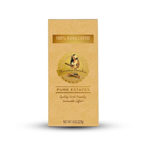 Hawaiian Paradise Coffee 100% Kona Coffee, 8oz Bag Whole Bean, Kona Roast, Made in USA in Small Batches from Sustainably Grown Arabica Beans, Pure