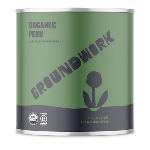 Groundwork USDA Organic Whole Bean Light Roast Coffee, Peru, 16 Ounce Can