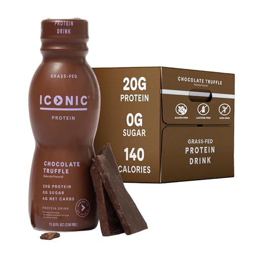 Iconic Protein Drinks, Chocolate Truffle (12 Pack) - Sugar Free & Low Carb - 20g Grass Fed Protein - Lactose Free, Gluten Free, Non-GMO, Kosher - Keto