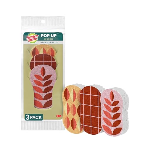 Scotch-Brite Harvest Pop Up Kitchen Sponges, Unique Compressed Kitchen Sponge for Cleaning Gently, Autumn Pattern Dish Sponge that Expands in Water, 3