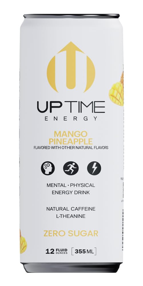 UPTIME Energy Drink, Mango Pineapple, 12 Pack, Vitamin C, L Theanine, Calcium, Sugar Free Energy Drinks for Focus Support, 142mg of Natural Caffeine