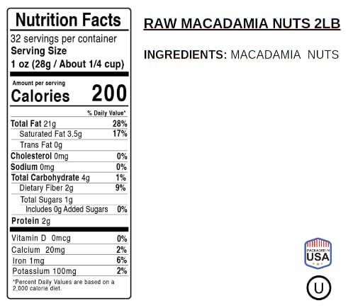 Raw Macadamia Nuts 2 Pounds Jumbo Size - Unsalted, Whole, Premium | All Natural Healthy Snack, Keto, Vegan, High Protein | Bulk Bag | Ideal for Baking