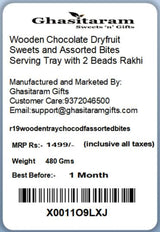 Ghasitaram Gifts Rakhi Gifts for Brothers Rakhi Sweets - Wooden Chocolate Dryfruit Sweets and Assorted Bites Serving Tray with 2 Beads Rakhi