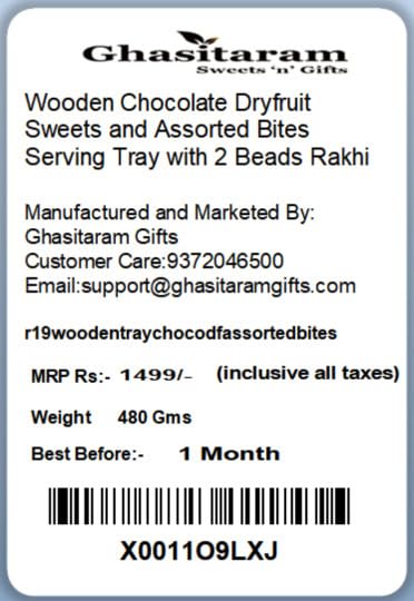 Ghasitaram Gifts Rakhi Gifts for Brothers Rakhi Sweets - Wooden Chocolate Dryfruit Sweets and Assorted Bites Serving Tray with 2 Beads Rakhi