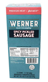 Werner Spicy Pickled Sausage Pack of 12 - Pork & Beef Sausages 1.7 Ounce Individually Wrapped Meat Snacks