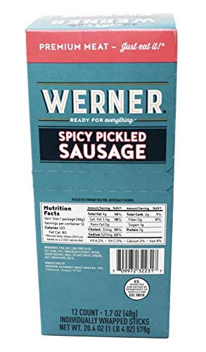 Werner Spicy Pickled Sausage Pack of 12 - Pork & Beef Sausages 1.7 Ounce Individually Wrapped Meat Snacks