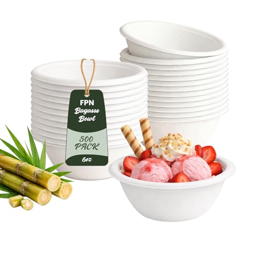 FPN Disposable Compostable Paper Bowls, 200 Pack 6 oz, Heavy-Duty Biodegradable Sugarcane Bowls - Eco-Friendly, Bagasse Bowl for Soup, Salad, Dessert