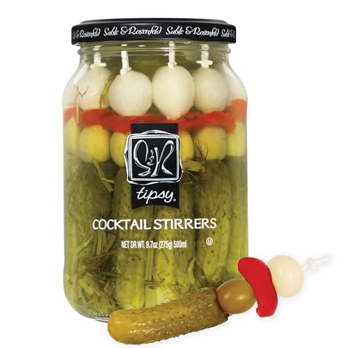 Sable & Rosenfeld Tipsy Garlic & Dill Cocktail Stirrers 16 oz Jar (Pack of 1), Hand-Packed Martini Pickles and Olive Skewers, Kosher, Gluten-Free