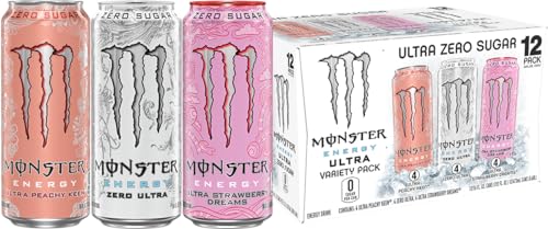 Monster Energy Ultra 3 Flavor Variety Pack, Zero Ultra, Ultra Peachy Keen, Ultra Strawberry Dreams, Sugar Free Energy Drink, 16 Ounce (Pack of 12)