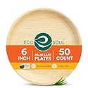ECO SOUL Palm Leaf Like Bamboo Plates, 6 Inch Round, 50 Pack Bulk Disposable Appetizer & Dessert Tableware, Compostable Biodegradable Natural Wooden