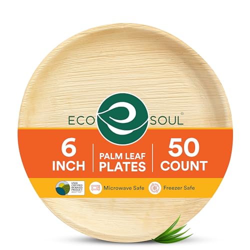 ECO SOUL Palm Leaf Like Bamboo Plates, 6 Inch Round, 50 Pack Bulk Disposable Appetizer & Dessert Tableware, Compostable Biodegradable Natural Wooden