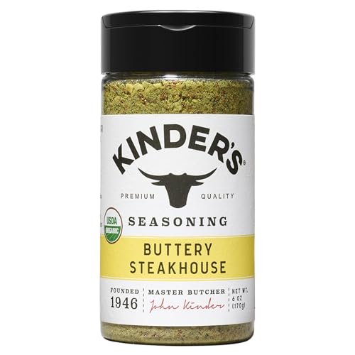 Kinder's Organic Buttery Steakhouse Seasoning, 6 Oz, Garlic, Butter and Pepper Blend, USDA Certified Organic, MSG Free, Great on Beef, Chicken