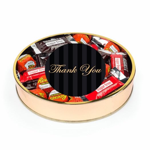 Thank You Sugar Free Candy Gift Tin Large Plastic Tin Chocolate Assortment - Black & Gold