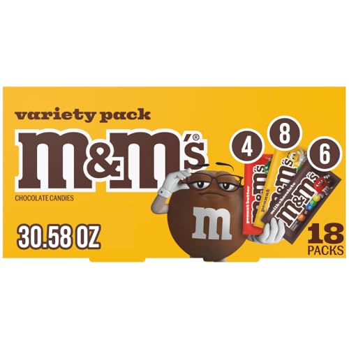 M&M'S Milk Chocolate, Peanut, and Peanut Butter Candy Variety Pack, Individually Wrapped Full Size Pack of 18 Bulk Candy Chocolate for Parties, Baking