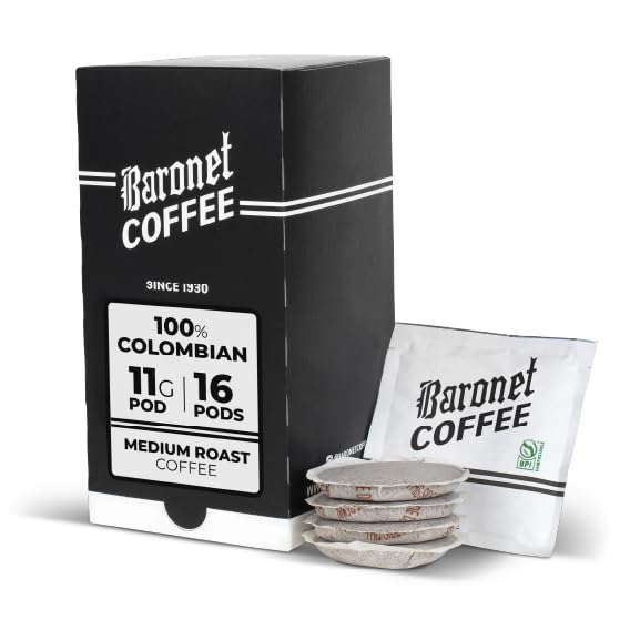 Baronet Coffee Pods [100% Colombian] Single Cup Soft 11 Gram- 1 Box of 16 Single Serve 11 Gram Pods, Medium Roast, Kosher, Vegan [100% Colombian]