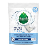 Seventh Generation Triple Action Clean Automatic Dishwasher Detergent Packs with Bio-Enzyme Power, Free & Clear, Fights 48-hour Stuck-on Food, 54