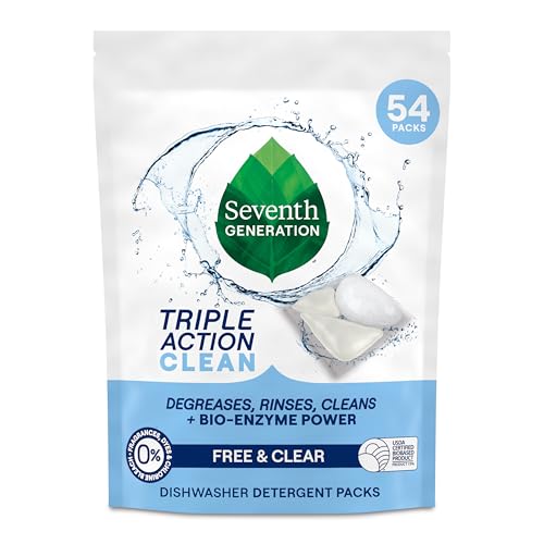 Seventh Generation Triple Action Clean Automatic Dishwasher Detergent Packs with Bio-Enzyme Power, Free & Clear, Fights 48-hour Stuck-on Food, 54