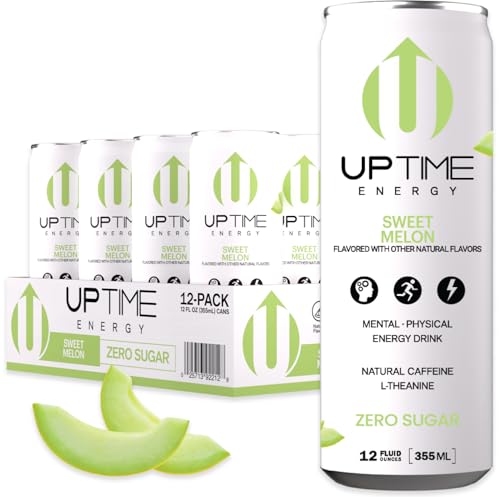 UPTIME Energy Drink, Sweet Summer Melon Sparkling, 12 Pack, Vitamin C, L Theanine, Calcium, Sugar Free Energy Drinks for Focus Support, 142mg