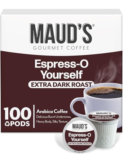 Maud's Espresso Coffee Pods, 100 ct, Dark Roast Coffee in Single Serve Pods - 100% Arabica Coffee, Compatible with Keurig K Cups Maker
