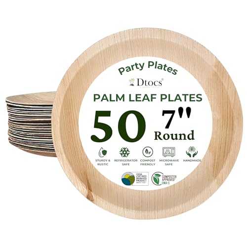 Dtocs Palm Leaf Plates 7 Inch Round (50) | Bamboo Plates Disposable Look Compostable Dinnerware Sets for Cocktail, Appetizer, Dessert, Mini