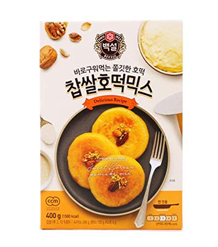 Korean Fancy Hotcake Mix; CJ Beksul Korean Sweet & Green Tea Pancake Mix, Hotteok (14.10 oz, 400g) ; ????? CJ ?? ??, ???? ??; ?? ?? ?? ??? ?? (Sweet, 2 Packs)
