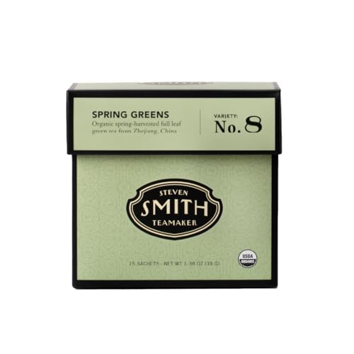 Smith Teamaker Spring Greens No. 8, Mao Feng Green Tea, Caffeinated, Sugar-Free, Sustainably Grown Full Leaf Green Tea, 15 Sachets, 1.3oz each