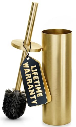 Gold Toilet Brush and Holder Set - Free-Standing Stainless Steel Gold Toilet Bowl Brush and Holder with Replaceable Head, Removable Inner Bowl