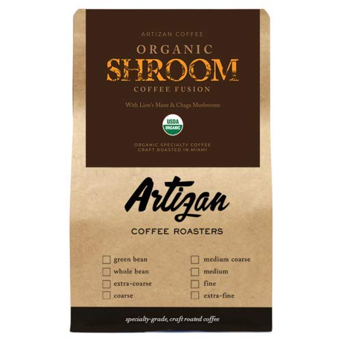 Artizan Coffee USDA Organic Ground Coffee | Functional Mushroom Coffee Fusion - Lion's Mane & Chaga | Medium-Dark Roast | Medium Grind for Drip | 10
