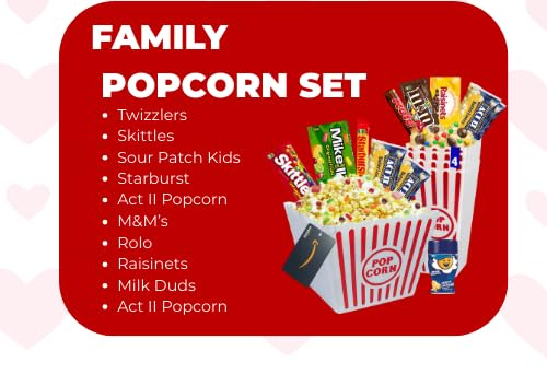 Movie Night Popcorn and Candy Gift Basket - Plus 13.5 Inch Plush Teddy Bear Custom T-Shirt - Perfect for a Cozy and Fun Evening at Home or the Theater