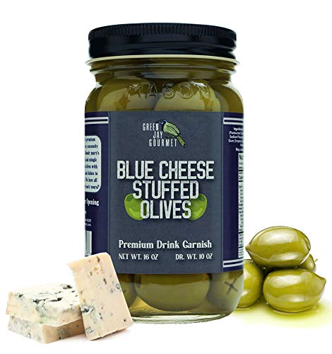 Green Jay Gourmet Blue Cheese Stuffed Olives - Cheese Stuffed Green Olives for Cocktail Garnish & Cheese Board - Dirty Martini Olives - Gourmet Olives
