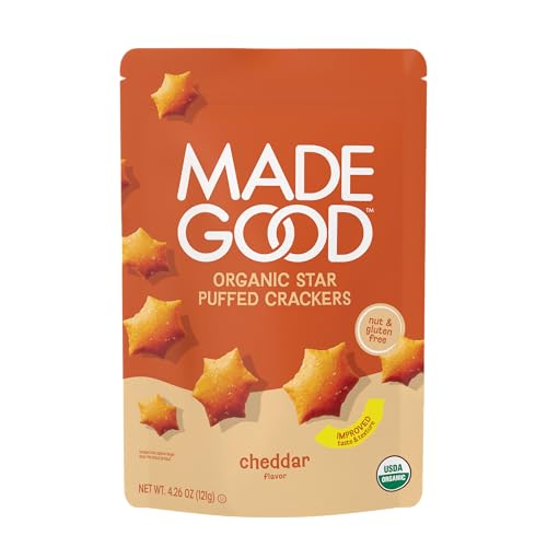 MadeGood Cheddar Star Puffed Crackers, 4.26oz Pouch, Organic Snacks