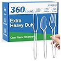 Dealusy 360 Count Extra Heavy Duty Clear Plastic Silverware, 150 Forks, 150 Spoons, 60 Knives, BPA-Free, Heat Resistant, Disposable Plastic Utensils