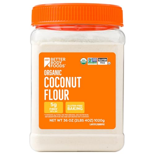 BetterBody Foods Organic Coconut Flour 2 Pound Jar, Gluten-Free White Flour Alternative with a Slight Coconut Taste and Aroma, 23% Dietary Fiber per