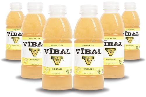 VIBAL ENERGY TEA, Lemonade, 16 Fl Oz, 6-Pack, Natural Energy, High Caffeine, Ginseng, Theanine, Low Sugar, Low Carb, Low Calorie, Adaptogens