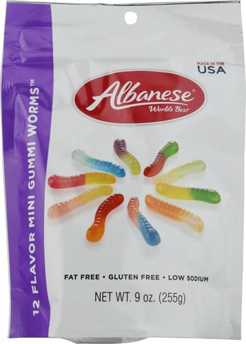 Albanese World's Best 12 Flavor Mini Gummi Worms | 9oz Bag of Candy | 12 Unique Super Sour Flavors, Gluten Free, Fat Free, Soft and Chewy Gummy Worms