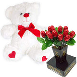 Valentines Day Gift Basket | Teddy Bear Plush 12 Inches (Color may Vary) & A dozen Belgian Milk Chocolate Rose Bouquet | For Her Wife Girlfriend