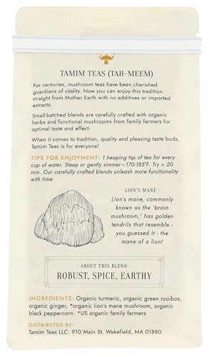 Tamim Teas Lion's Mane Mushroom Tea - Organic Lion's Main with Turmeric and Ginger - US Grown Organic Lion's Mane Mushroom - Caffeine Free Blend - 32